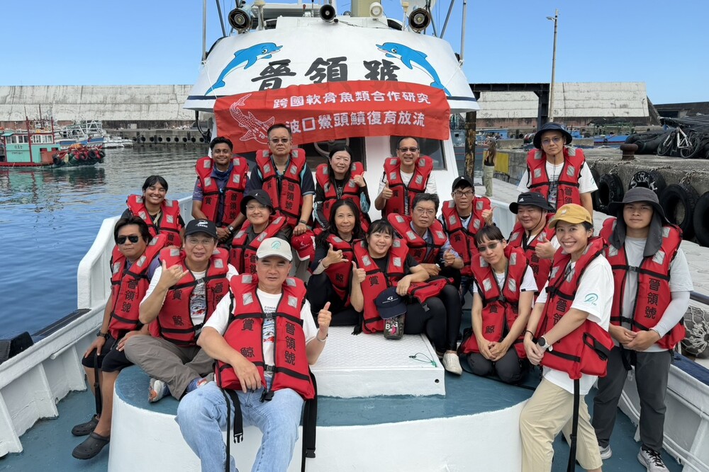 海洋保育署攜手高科大及國內外研究與保育單位專業團隊一同搭乘船準備出海放流波口鱟頭鱝標識作業。