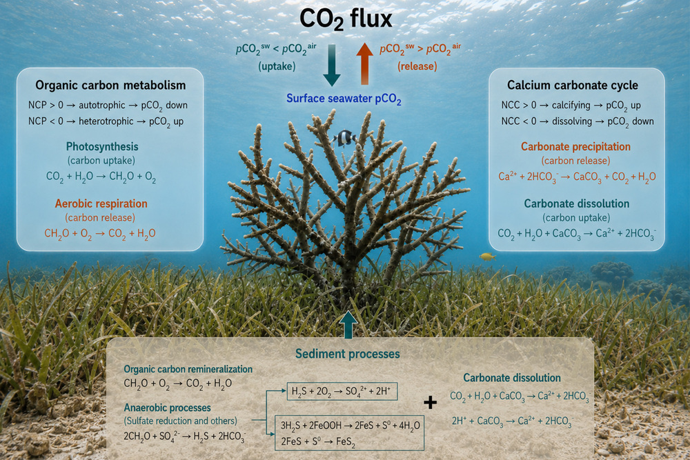 海草床固碳機制示意圖。研究指出，有機碳與無機碳交互作用共同決定海草床是碳匯或碳源，為全球藍碳研究及2050淨零排放提供重要科學依據。
