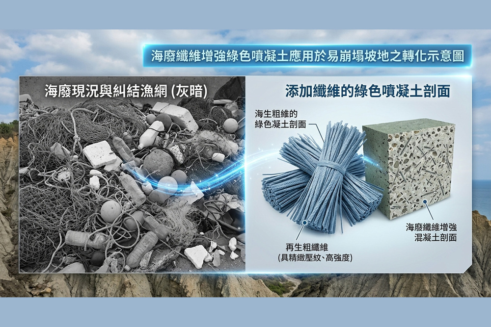 【海廢華麗轉身：廢漁網到結構纖維】從海洋殺手到護國神山！廢棄漁網經過特殊「物理壓紋」技術改造，化身為能緊緊抓住混凝土的高強度結構纖維，取代會生鏽的鋼絲網。